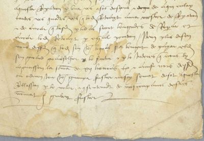 Archives départementales de la Haute-Loire. Un charpentier écrivant l'occitan au Puy-en-Velay en 1495, fin du texte et signature (H-SUPPLEMENT HOTEL-DIIEU 1 B 908/13).